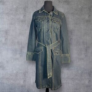 Vintage GAP Blue Denim Duster Trench Coat Shirt Dress Womens M Y2K 90s